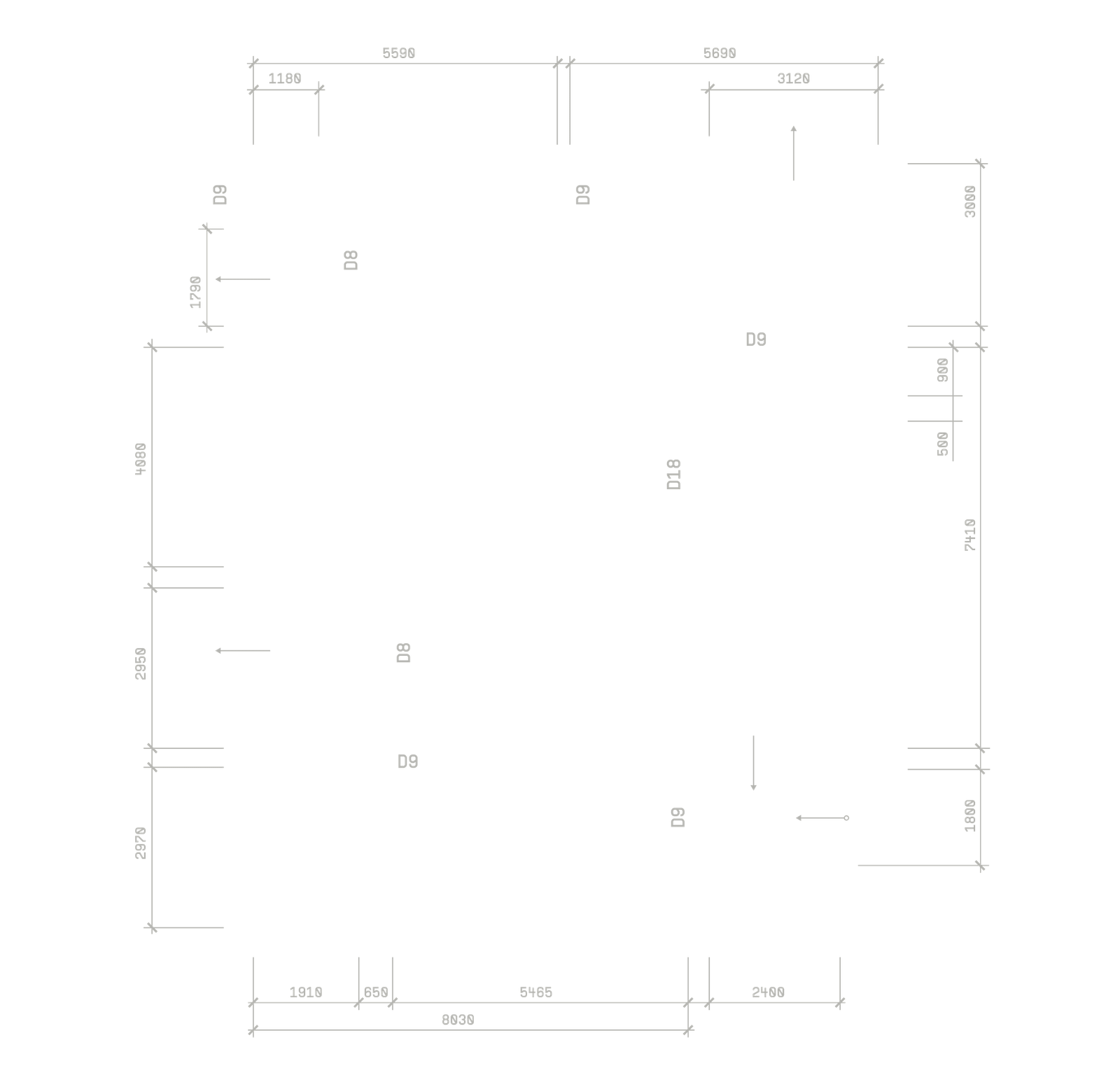 Plan d'étage architectural avec cotes et portes D8, D9 et D18 étiquetées sur fond noir.