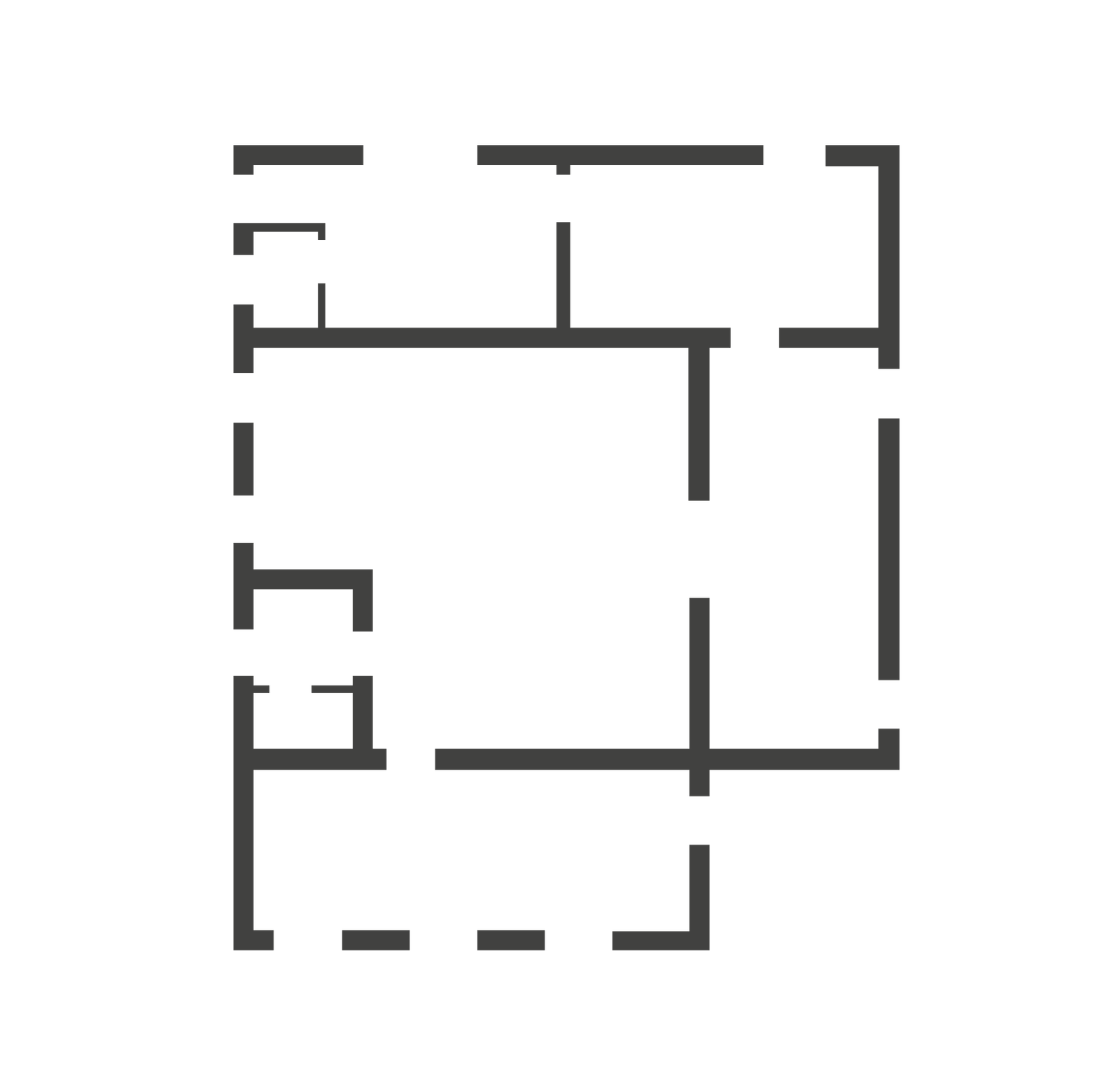 Plan d'étage simple en noir et blanc avec plusieurs pièces et des murs épais.