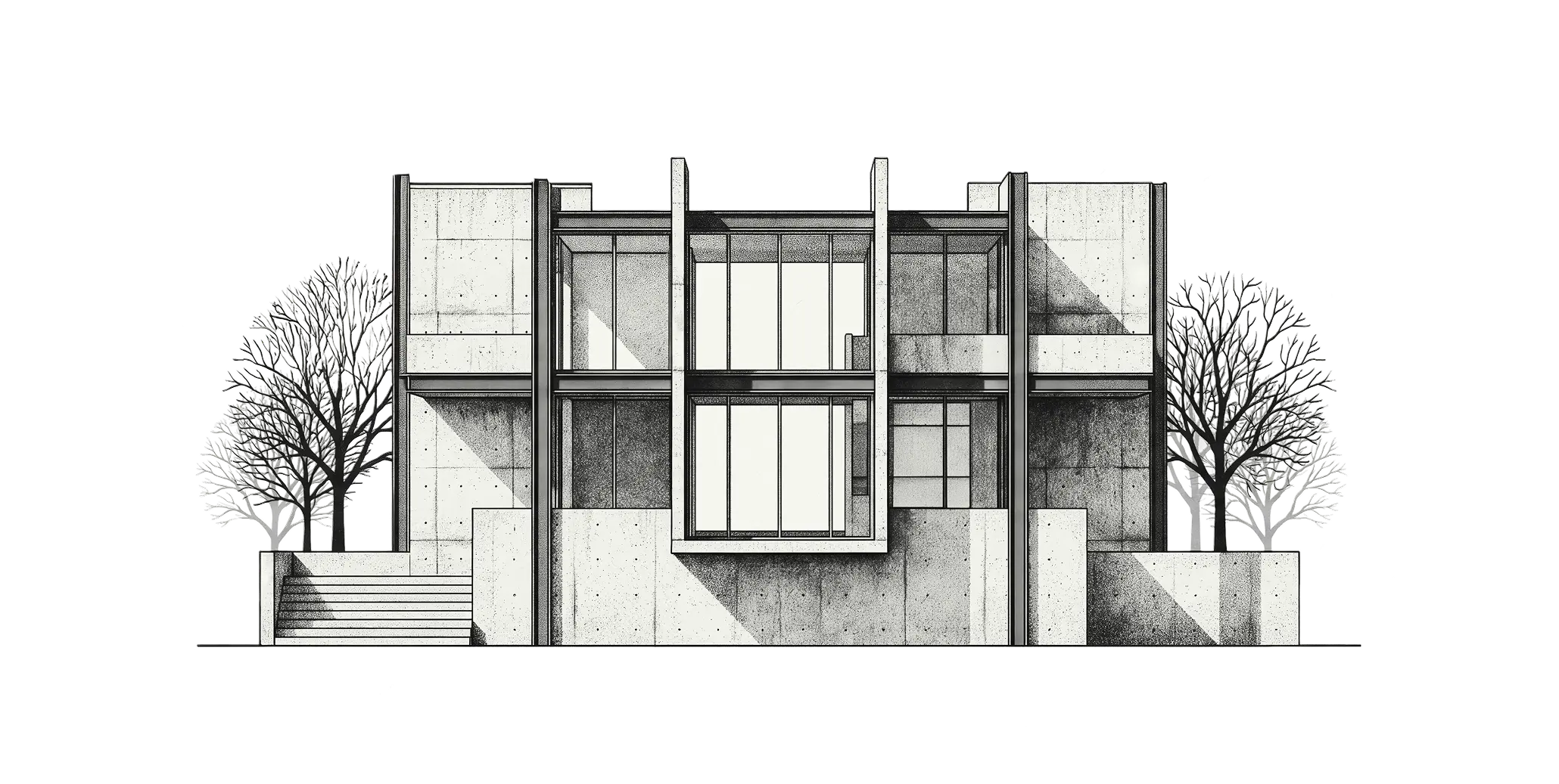Croquis architectural en noir et blanc d'un bâtiment moderne en béton avec de grandes fenêtres et des arbres de chaque côté.